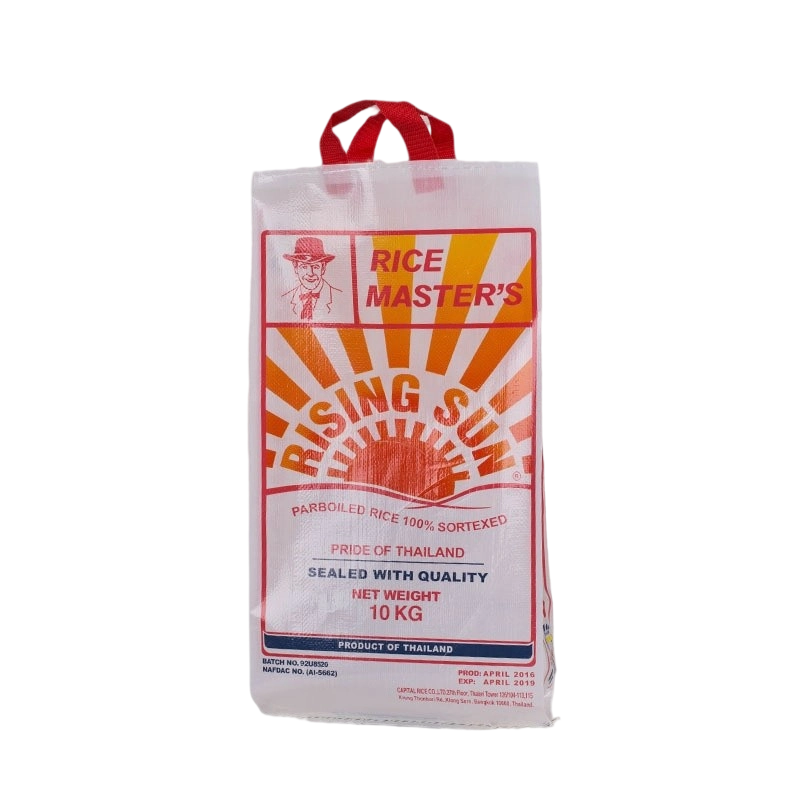 Bolsa tejida de plástico laminada BOPP de 10 kg con impresión en color y diseño de asa